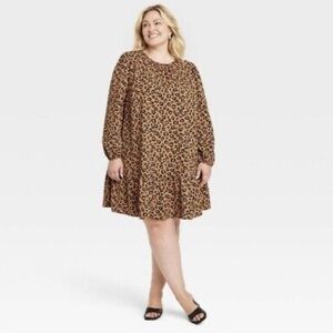 Ava & Viv Brown Tan A-line Long Sleeve Dress
